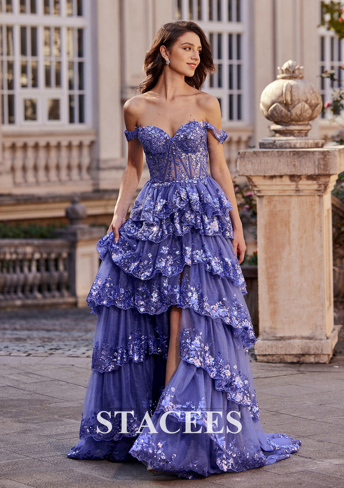 prom dress sweep train A-line Off-the-Shoulder Sleeveless Sweep Train Tulle Prom Dress with  Ruffles Sequins Split S7684P - Prom Dresses