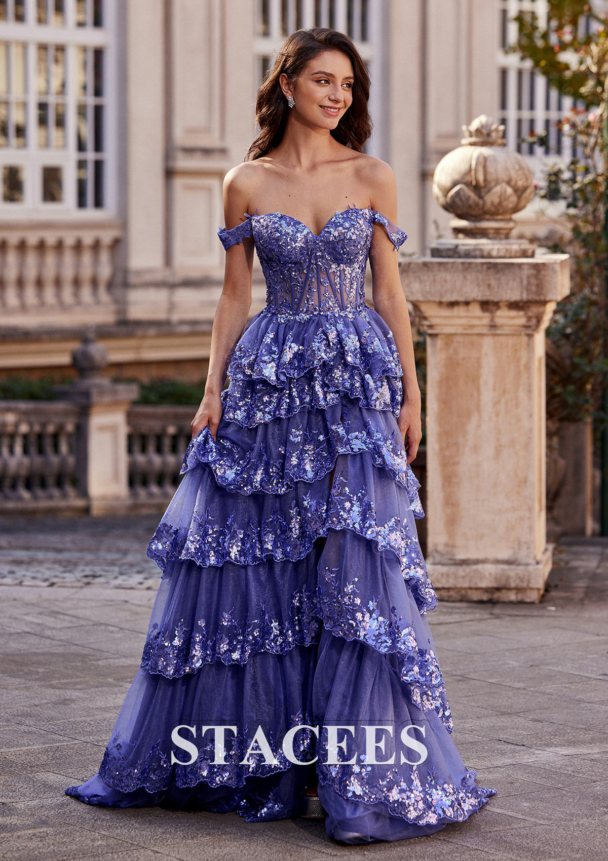 stacees prom dresses Stacees 2026 Red Tiered Ruffle Prom Dress with Keyhole Spaghetti Straps Pleats