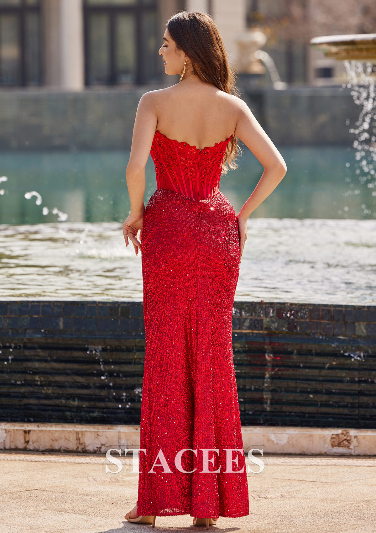 Rouge Fourreau cache coeur paillettes ras du sol robe de bal - STACEES