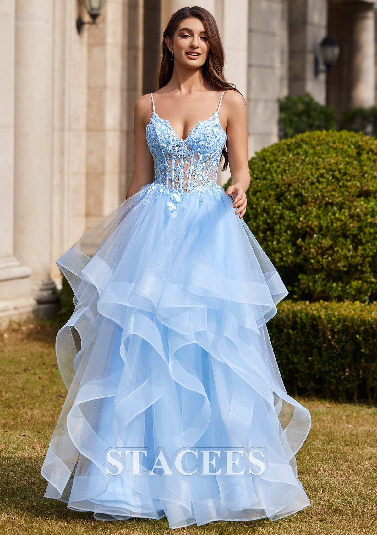 ruffles prom dress Ball Gown V Neck Sweep Train Tulle Prom Dress with Appliqued Beading Ruffles  S7754P - Prom Dresses