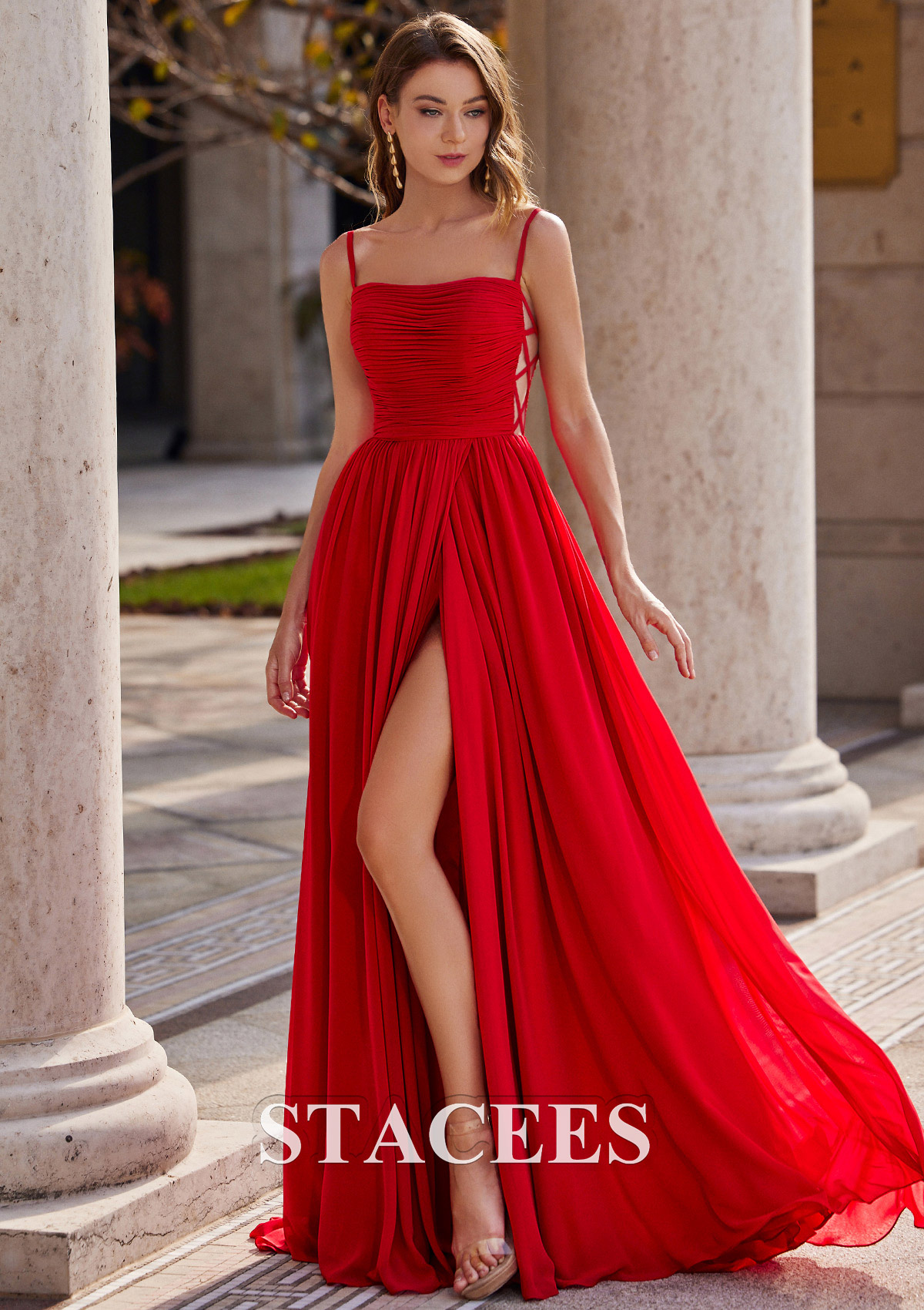 Red A-line Square Neckline Sleeveless Sweep Train Chiffon Prom Dress with Pleated Split - STACEES