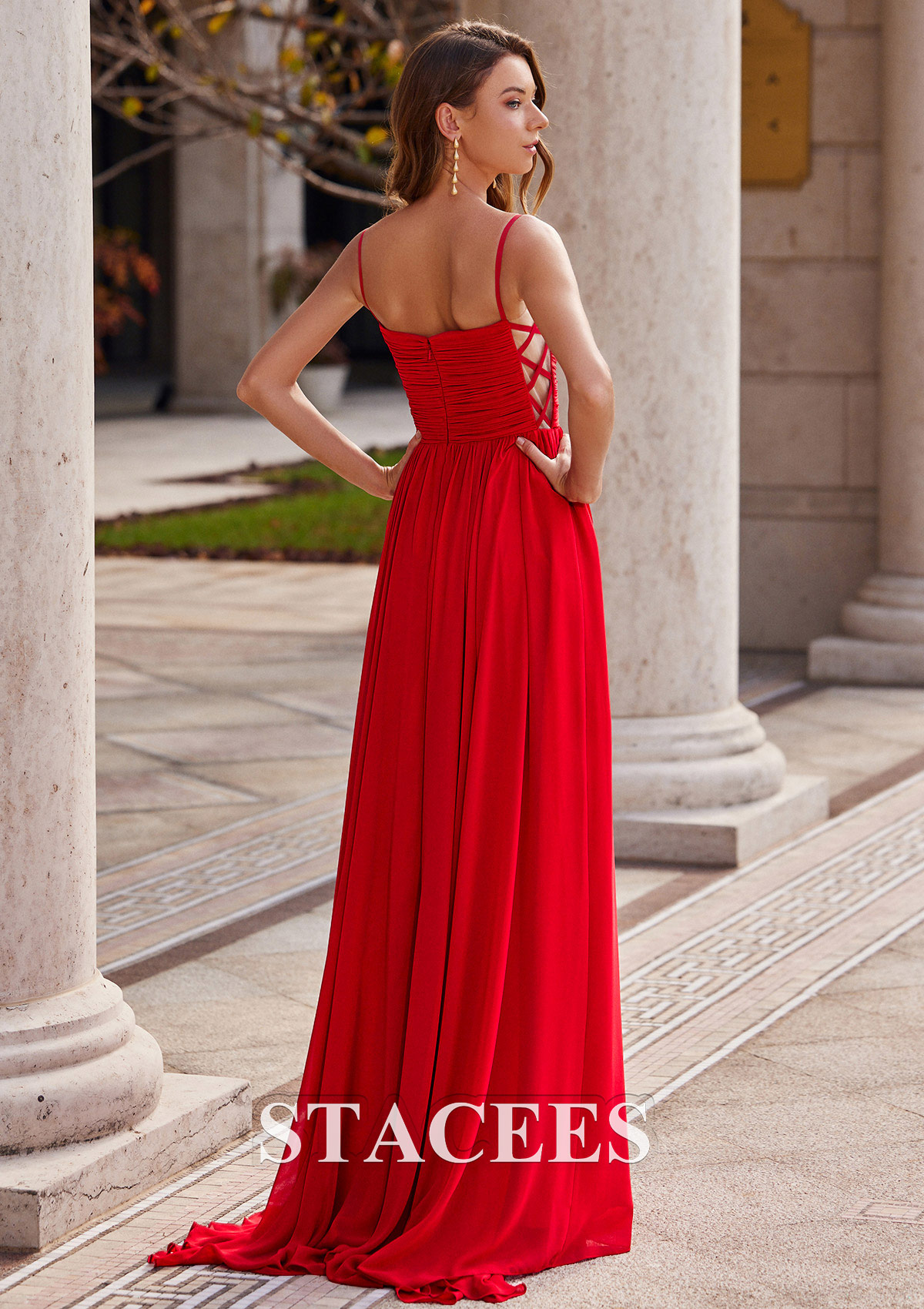 Red A-line Square Neckline Sleeveless Sweep Train Chiffon Prom Dress with Pleated Split - STACEES