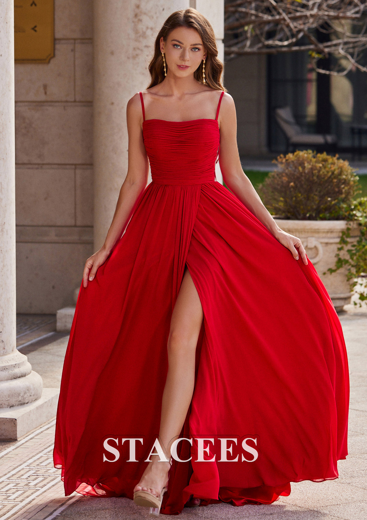 Red A-line Square Neckline Sleeveless Sweep Train Chiffon Prom Dress with Pleated Split - STACEES