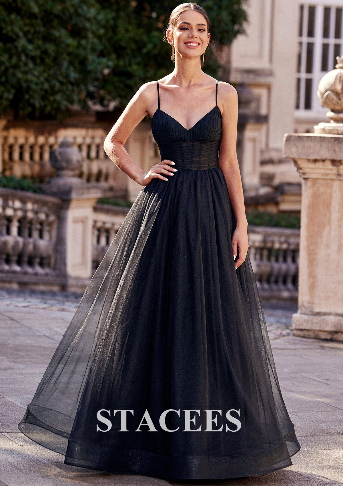Black A-line V Neck Sleeveless Floor-Length Tulle Prom Dress with Pleated - STACEES