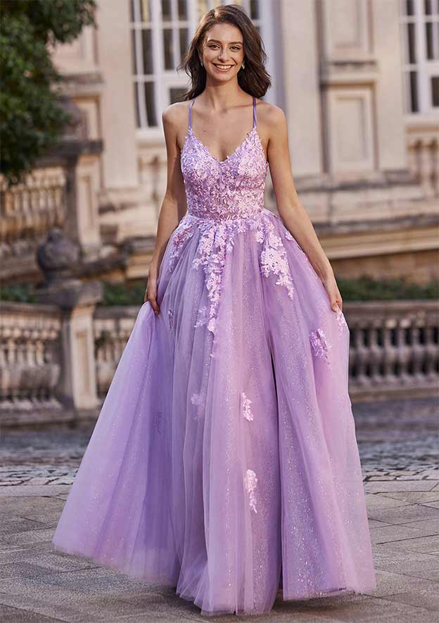 a line princess jewel sleeveless floor length applique tulle dresses A-line Princess V Neck Sleeveless Floor-Length Tulle Prom Dress with  Glitter Appliqued Beading Split S7742P - Prom Dresses