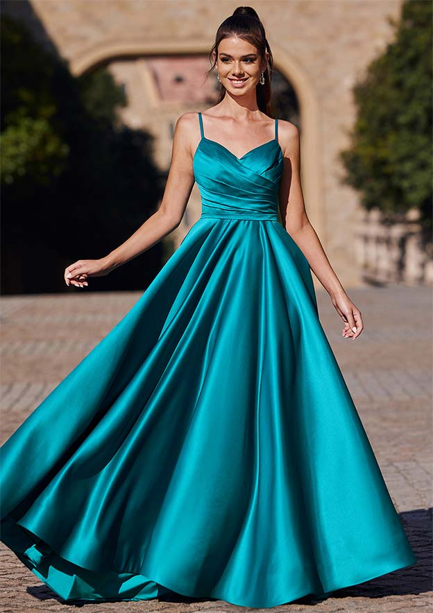 A-line V Neck Sleeveless Sweep Train Satin Prom Dress with Pleated