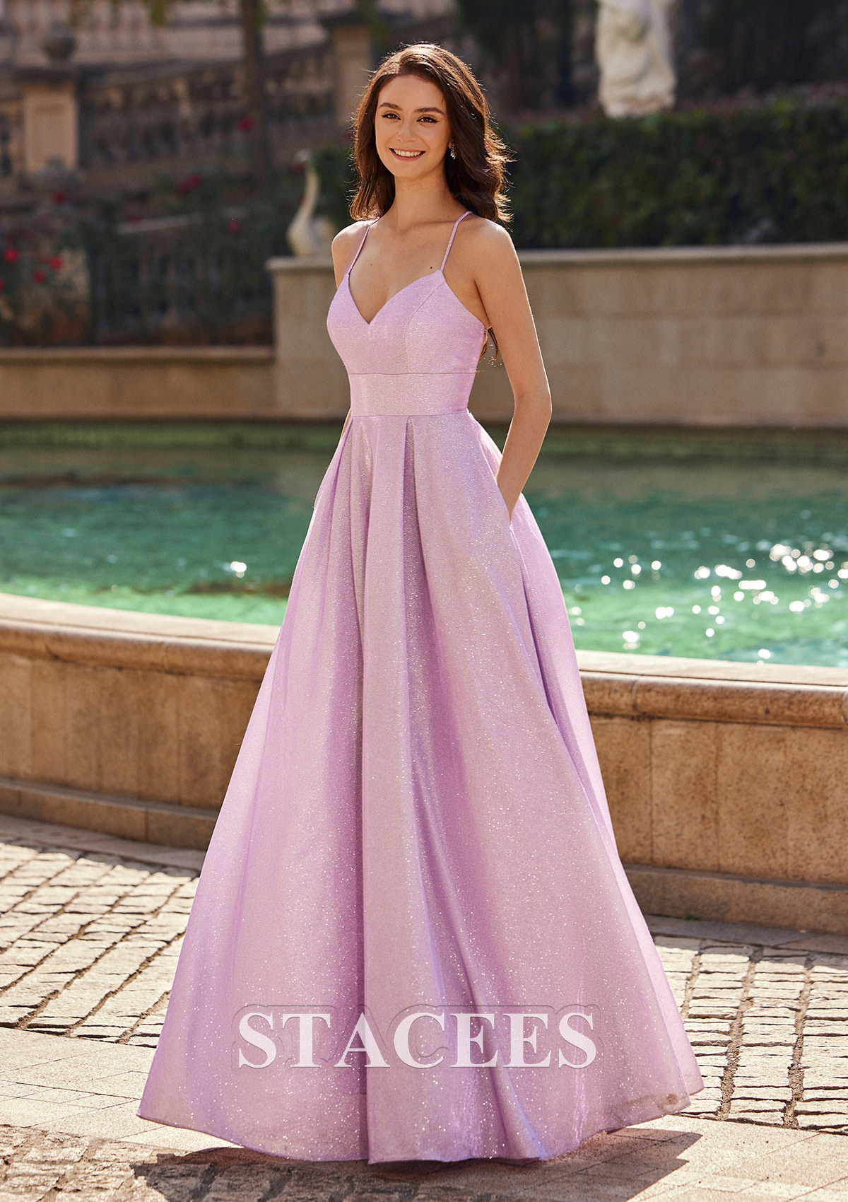 Lilac A-line V Neck Floor-Length Tulle Prom Dress with Pockets Glitter - STACEES