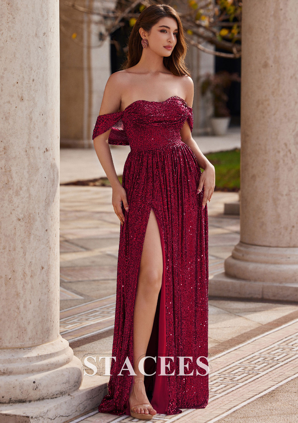 staces dresses Stacees Bridesmaid Dress Sheath/Column V Neck 3/4 Sleeve Long/Floor-Length Chiffon Pleated