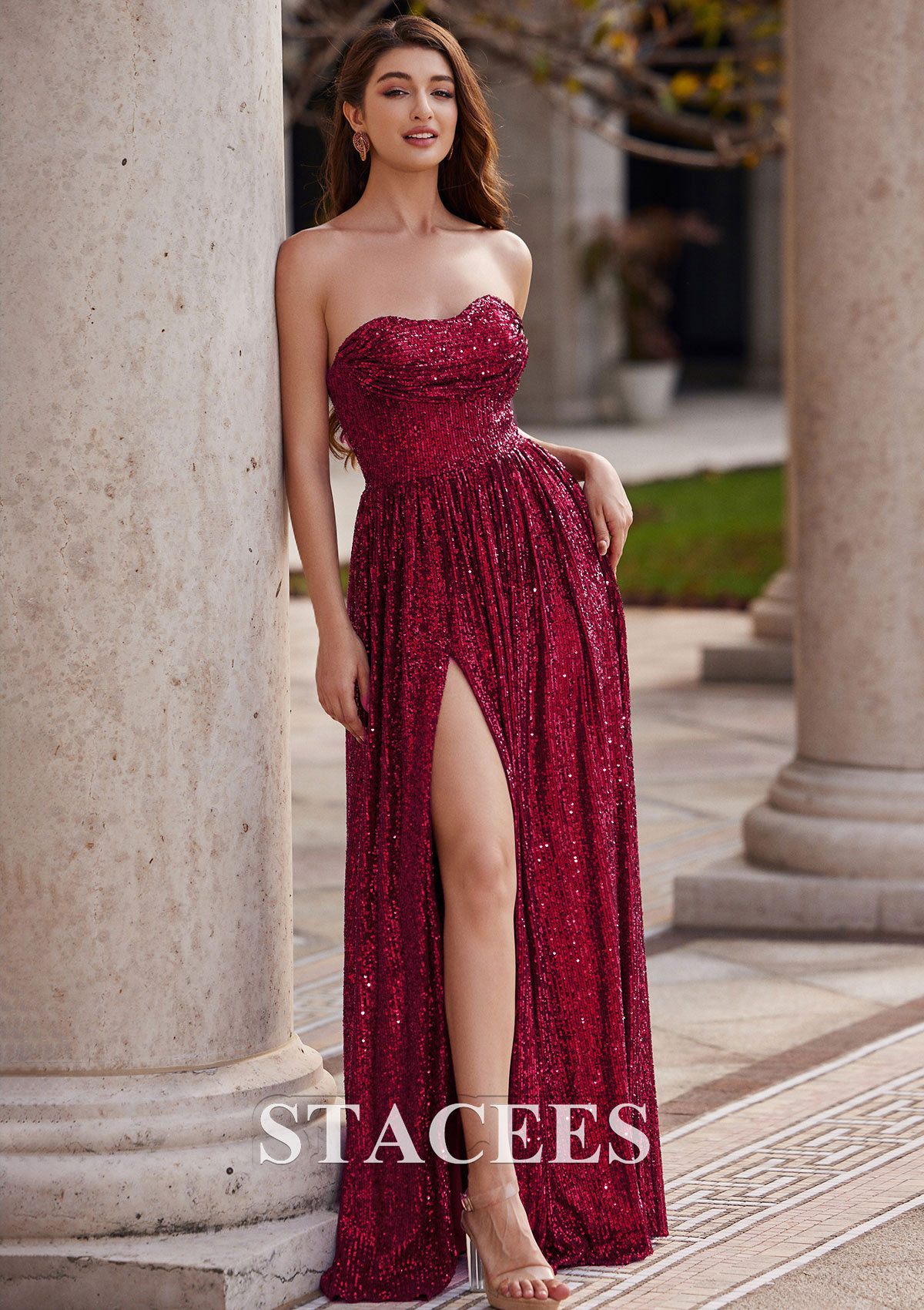 burgundy sleeveless prom dress Missacc Daffodil Prom Dresses A-Line V Neck Satin Sleeveless Sweep Train Prom Dress With High Split