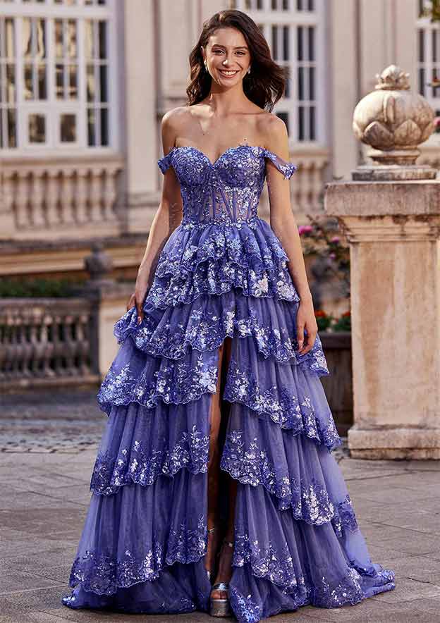 a line ruffle prom dress Stacees Sky Blue Sparkly Off the Shoulder Ruffles Slit Color:Nude Beige The pleated design enhances Black/White backless halter shapewear -
