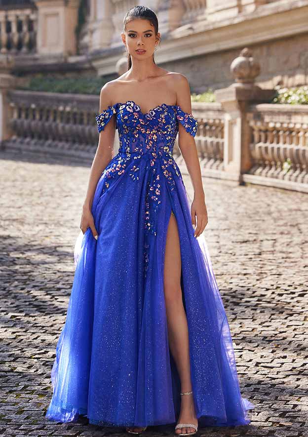 A-line Princess Off-the-Shoulder Sweep Train Tulle Prom Dress with Appliqued Sequins Split Glitter