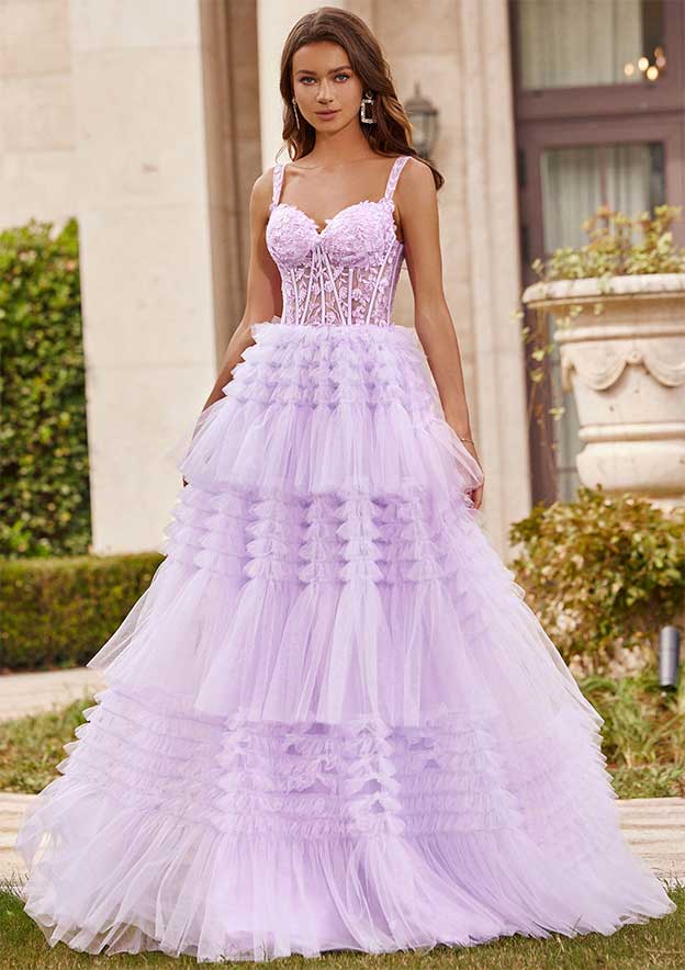 Stacees Tulle Ruffle Prom Dress with Lace Corset Bodice