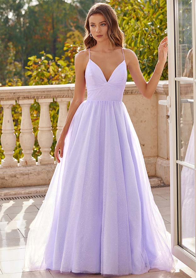A-line V Neck Sweep Train Tulle Prom Dress with Pockets Glitter
