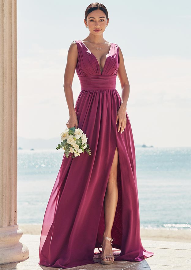 A-line V Neck Sleeveless Floor-Length Chiffon Bridesmaid Dress