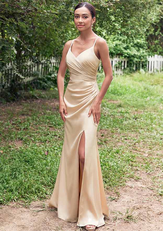 Sheath/Column V Neck Sleeveless Floor-Length Stretch Satin Bridesmaid Dress with Pleated Split