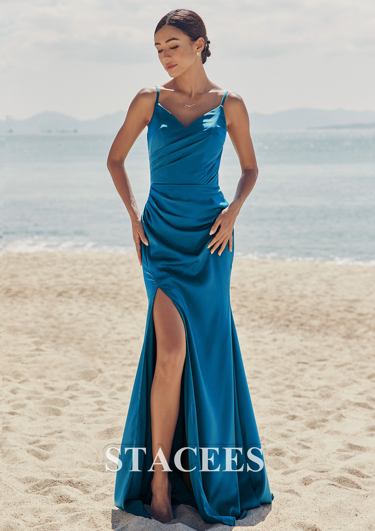 Twilight Trumpet/Mermaid V Neck Sleeveless Floor-Length Stretch Satin Bridesmaid Dress with Pleated Split