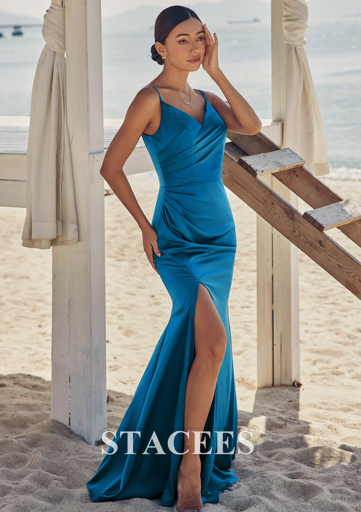 Twilight Trumpet/Mermaid V Neck Sleeveless Floor-Length Stretch Satin Bridesmaid Dress with Pleated Split