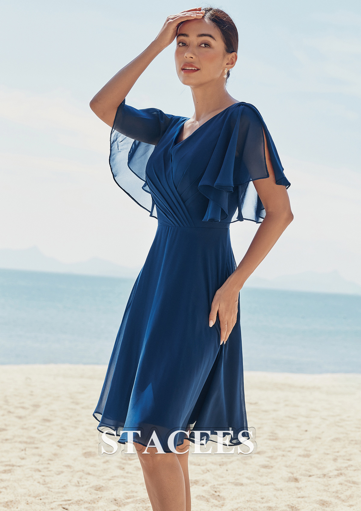 chiffon bridesmaid dresses knee length A-line V Neck Short Sleeve Knee-Length Chiffon Bridesmaid Dress with Pleated Ruffles S7437B - Bridesmaid Dresses