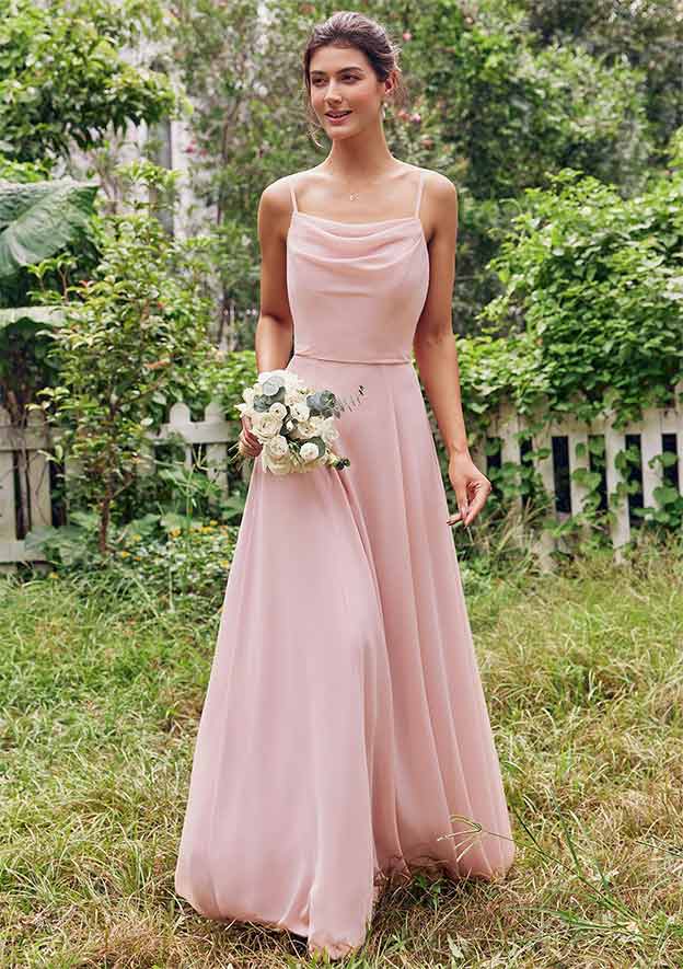 pink cowl neck bridesmaid dress A-line Cowl Neck Sleeveless Floor-Length Chiffon Bridesmaid Dress S7443B - Bridesmaid  Dresses