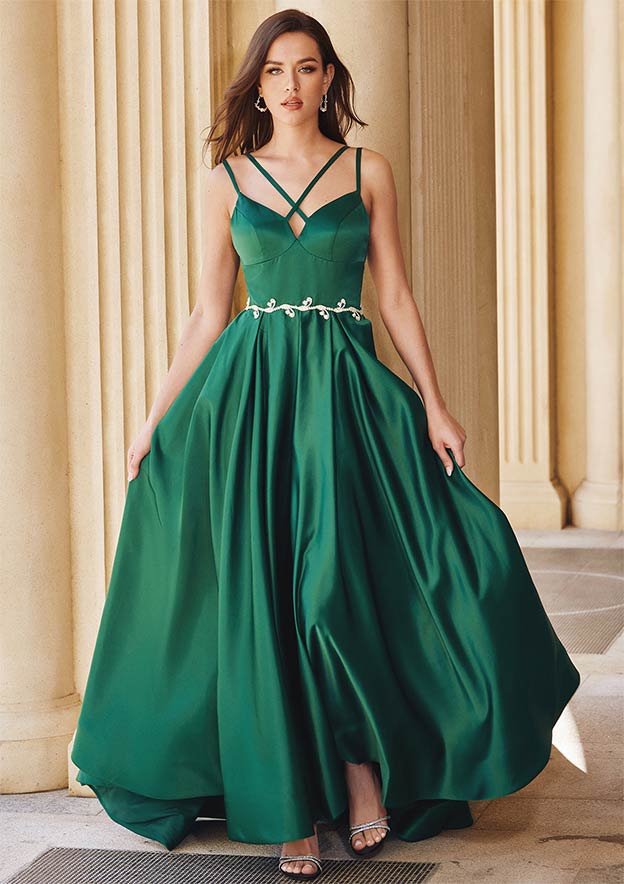 a-line princess prom dresses luxurious sweep train v-neck sleeveless A-Line V-Neck Sleeveless Sweep Train Satin Prom Dresses