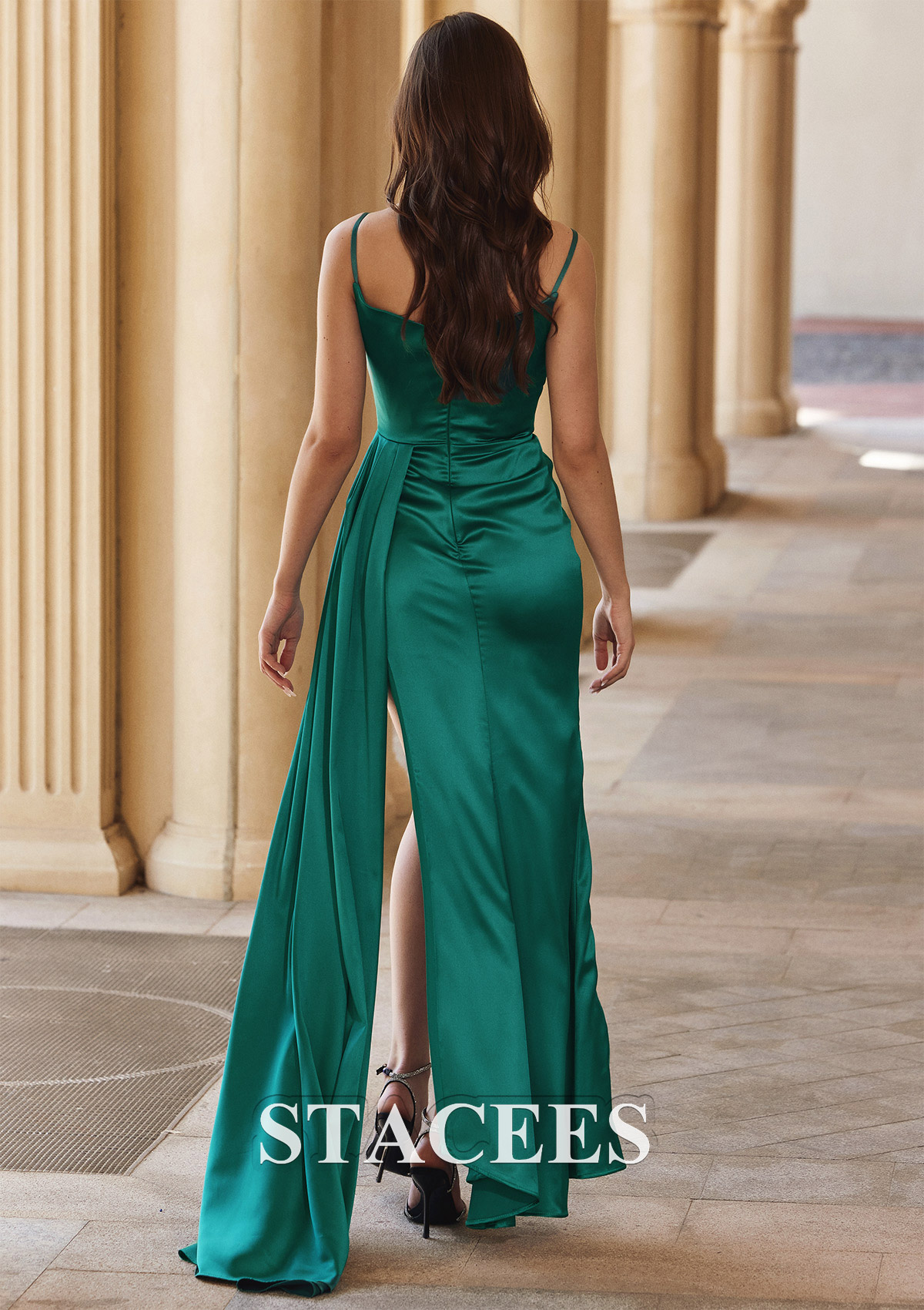 Teal Sheath/Column V Neck Sleeveless Floor-Length Satin Prom Dress with Beading Side Draping Split - STACEES