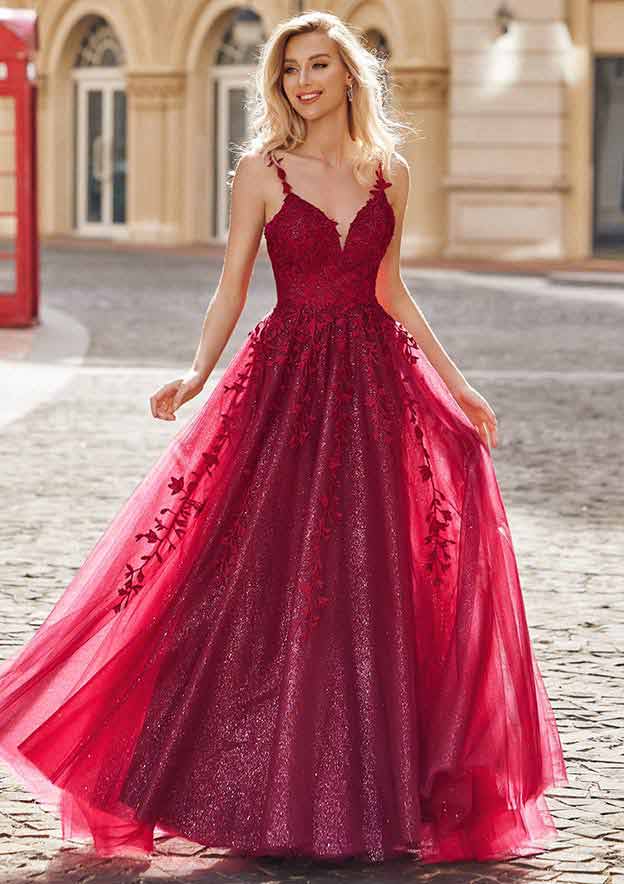 A-line Princess V Neck Sleeveless Sweep Train Tulle Prom Dress with Appliqued Glitter