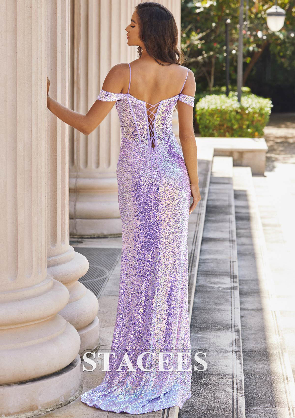 Lilac Sheath/Column Off-the-Shoulder Short Sleeve Sweep Train Sequined Prom Dress with Split - STACEES