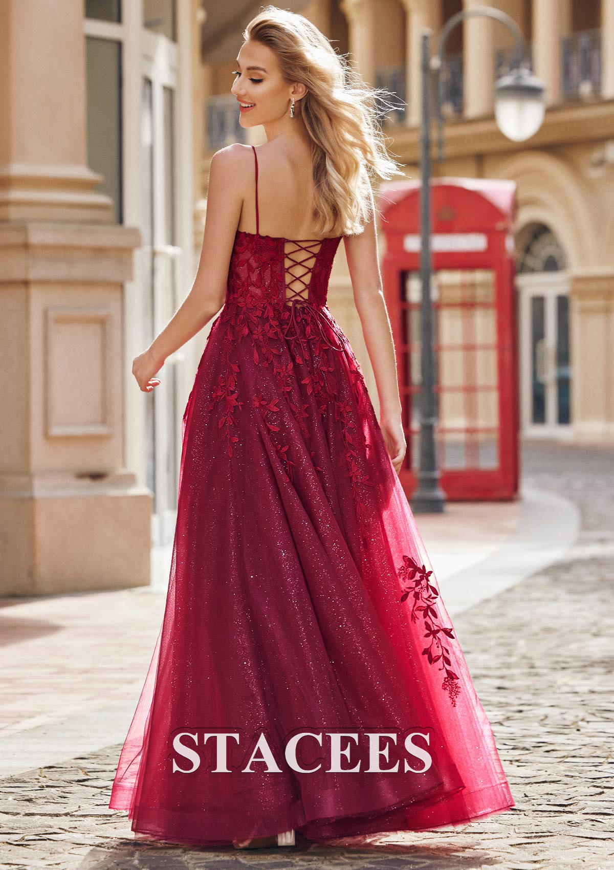 Burgundy A-line Princess V Neck Sleeveless Floor-Length Tulle Prom Dress with Appliqued Split Glitter - STACEES