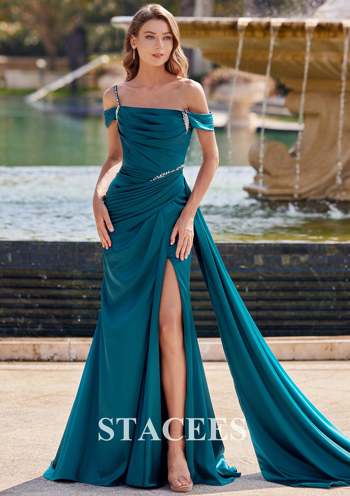 Ink Blue Trumpet/Mermaid Cowl Neck Sweep Train Satin Prom Dress with Beading Pleated Side Draping