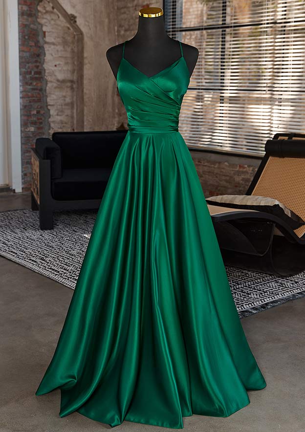 A-line V Neck Sleeveless Floor-Length Satin Prom Dress with Pleated Pockets