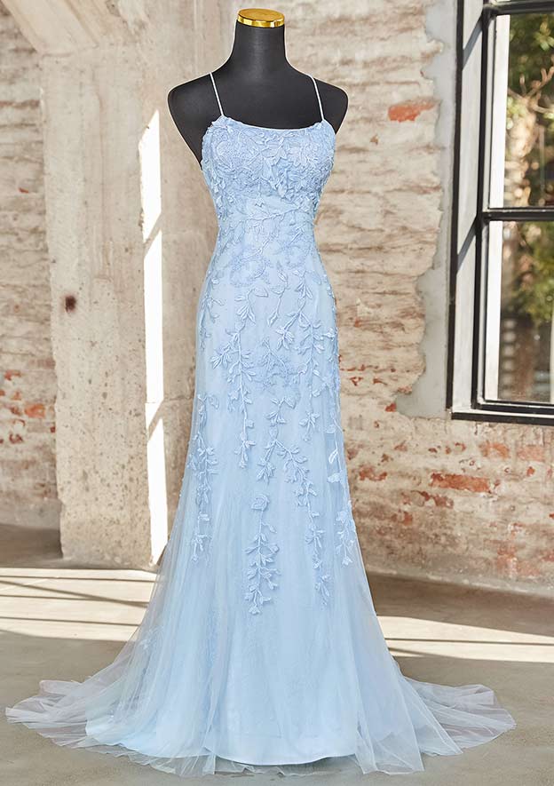 Trumpet/Mermaid Square Neckline Sleeveless Court Train Tulle Prom Dress with Appliqued Beading