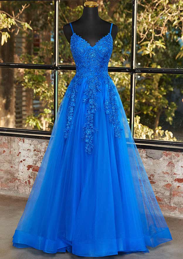 A-line Princess V Neck Sleeveless Sweep Train Tulle Prom Dress with Appliqued Beading