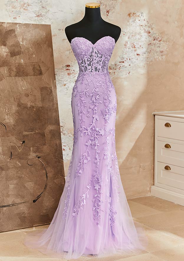 Trumpet/Mermaid Sweetheart Sleeveless Sweep Train Tulle Prom Dress with Appliqued Beading