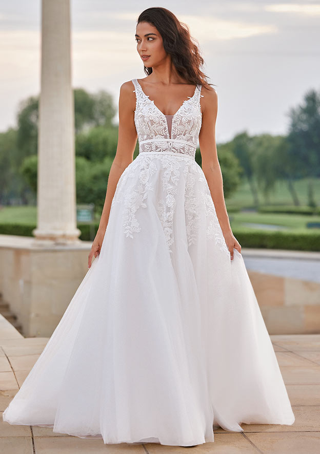 Boho A-line Floral Lace Wedding Dress with Plunging V-neck Sheer Corset Bodice