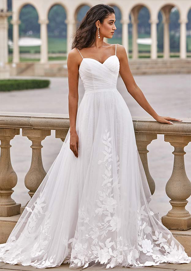 embroidered tulle dresses Spaghetti Strap Long Dress with Embroidered Tulle Overlay  HAREM's Brides