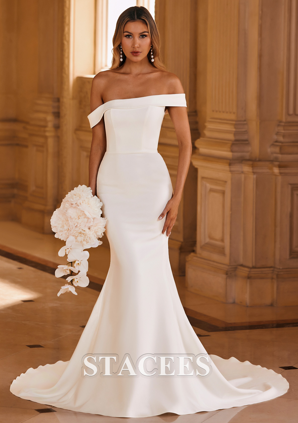 crepe off the shoulder wedding dress Crepe A-Line Wedding Dress with Off-the-Shoulder Straps