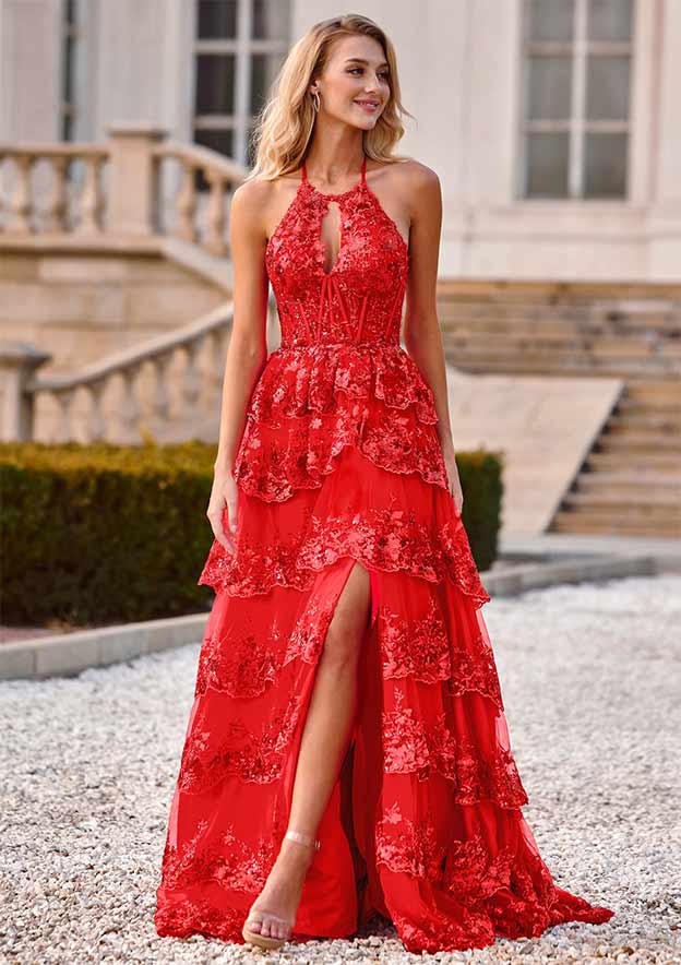 halter top a line prom dress A-line/Princess Jewel Halter Sweep Train Satin Formal Prom Dress, Beaded