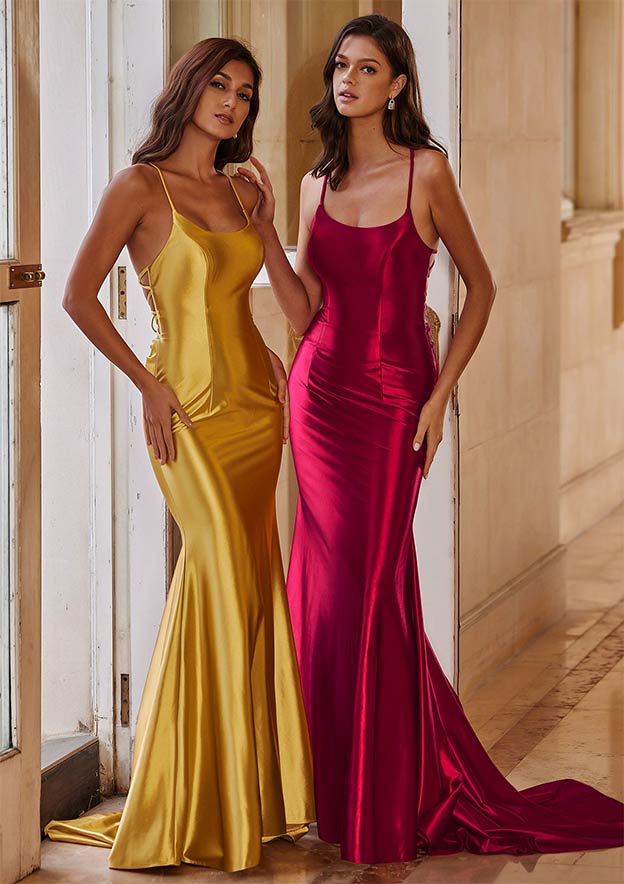 Mermaid Tight Open Tie-Back Ruched Silk like Satin Prom Dress with Spaghetti Straps