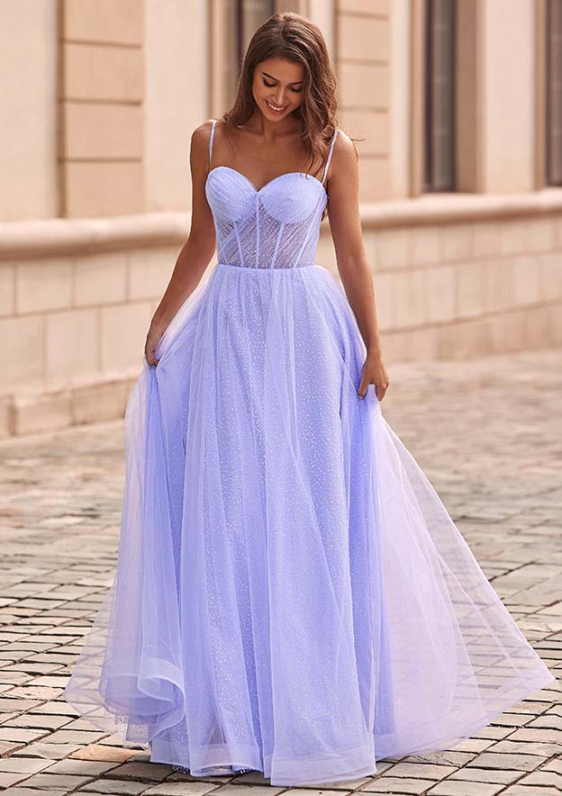 Stacees A-line Sweetheart Tulle Floor-Length Prom Dress with Pleated Split Glitter