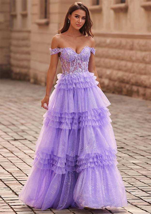 a-line corset tiered ruffle slit prom dress with appliqued sequins Stacees 2026 A?Line Floral Print Corset Tiered Ruffle Prom Dress with Slit