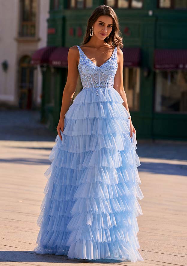 A-line Sequined Applique V Neck Tiered Ruffled Tulle Prom Dress