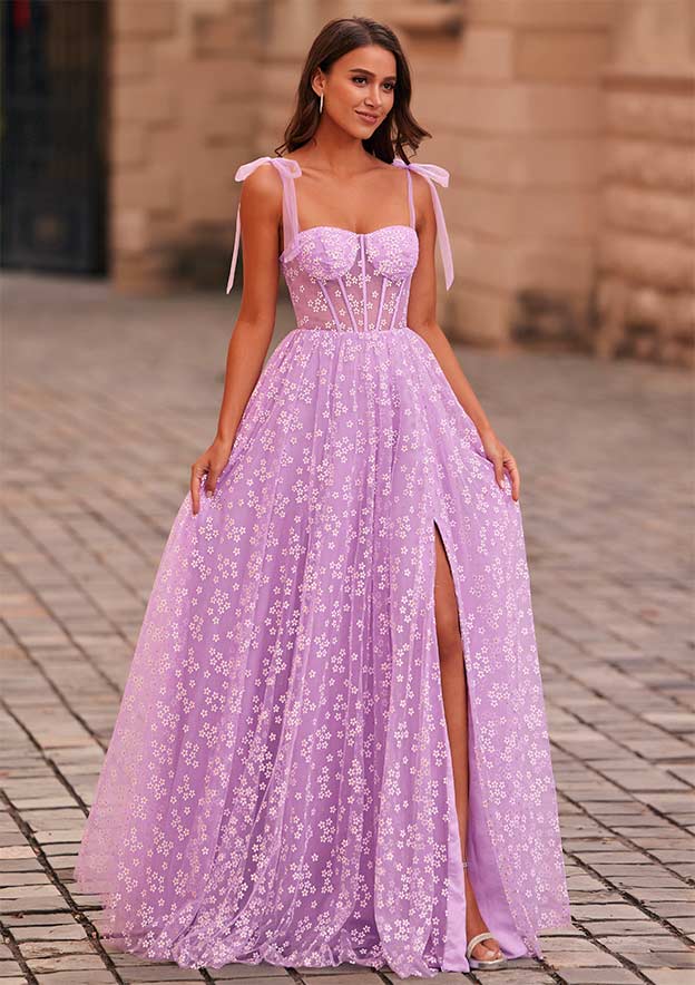 A-line Floral Printed Sheer Corset Slit Long Prom Dress With Adjustable Straps