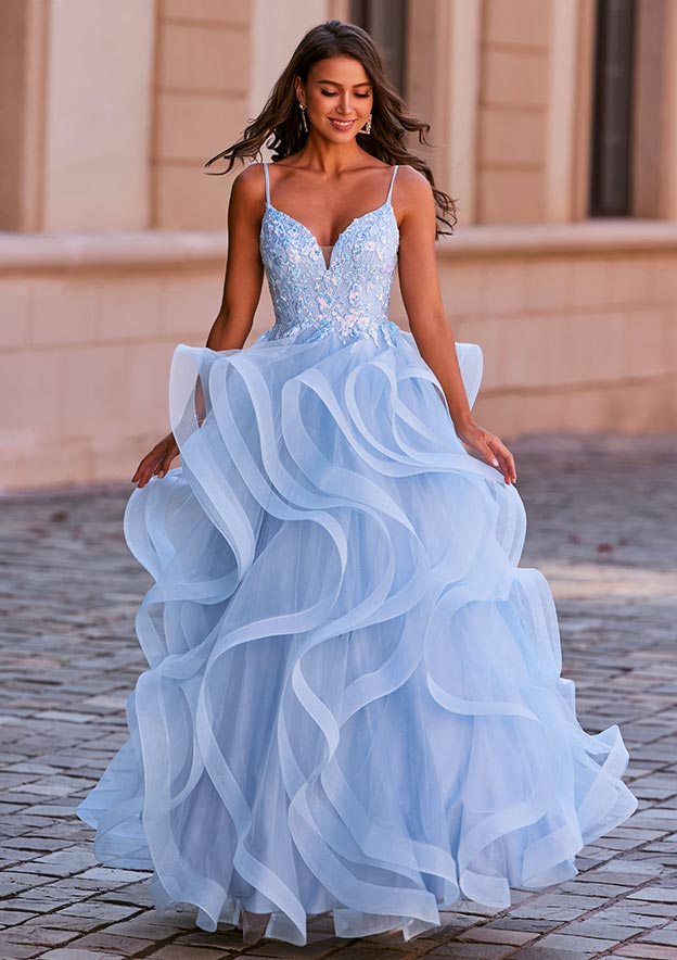 a line princess v neck floor length ruffles satin dresses A-line Princess V Neck Tulle Floor-Length Prom Dress with Appliqued Ruffles Sequins S8383P - Prom Dresses