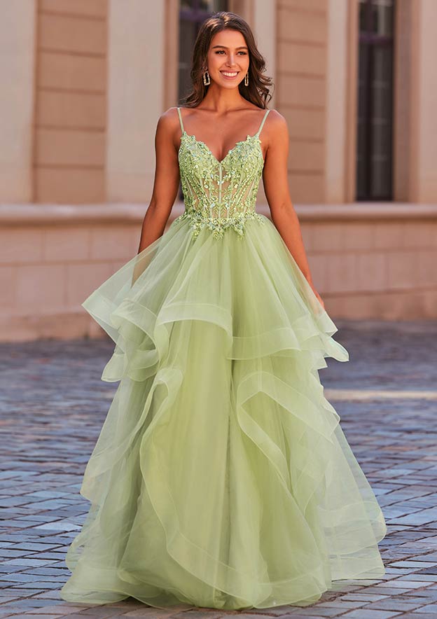 A-line Princess V Neck Tulle Floor-Length Prom Dress with Appliqued Beading Ruffles Sequins
