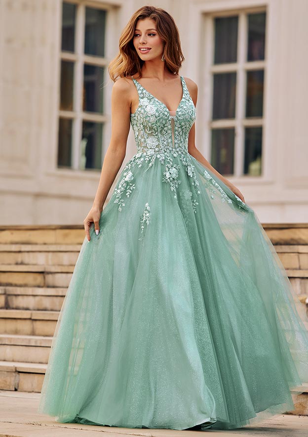 a line sweep train prom dress Stacees 2026 A-line V Neck Tulle Prom Dress with Appliqued Sequins Split Glitter