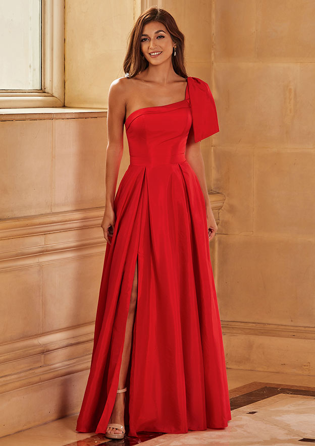 A-line One-Shoulder Taffeta Floor-Length Prom Dress with Bowknot Pockets