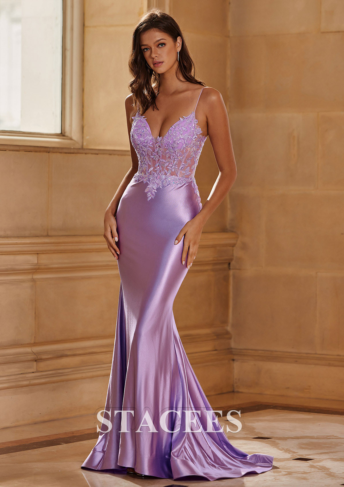 purple satin mermaid dress Grape Satin Mermaid Spaghetti Straps Beaded Long Prom Dresses With Slit,  MP906