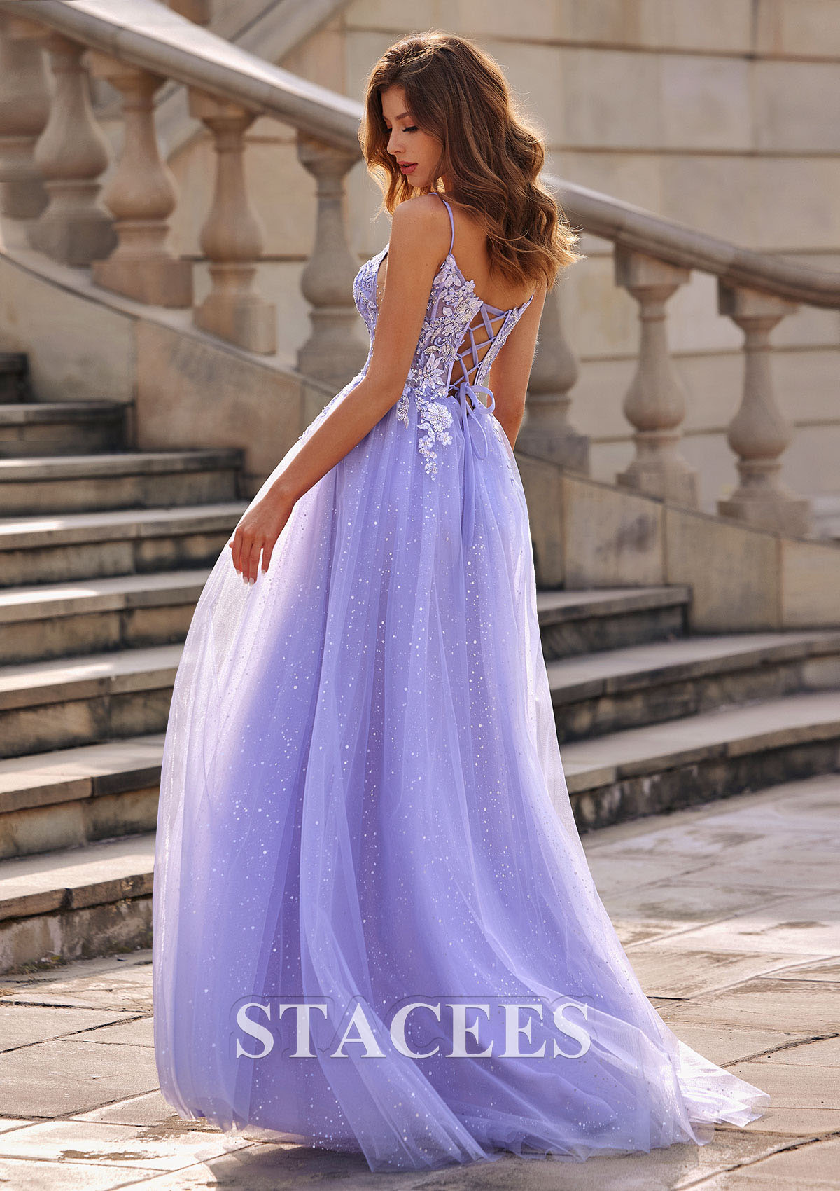 Lavender A-line V Neck Tulle Sweep Train Prom Dress with Appliqued Beading Flowers Sequins Split Glitter