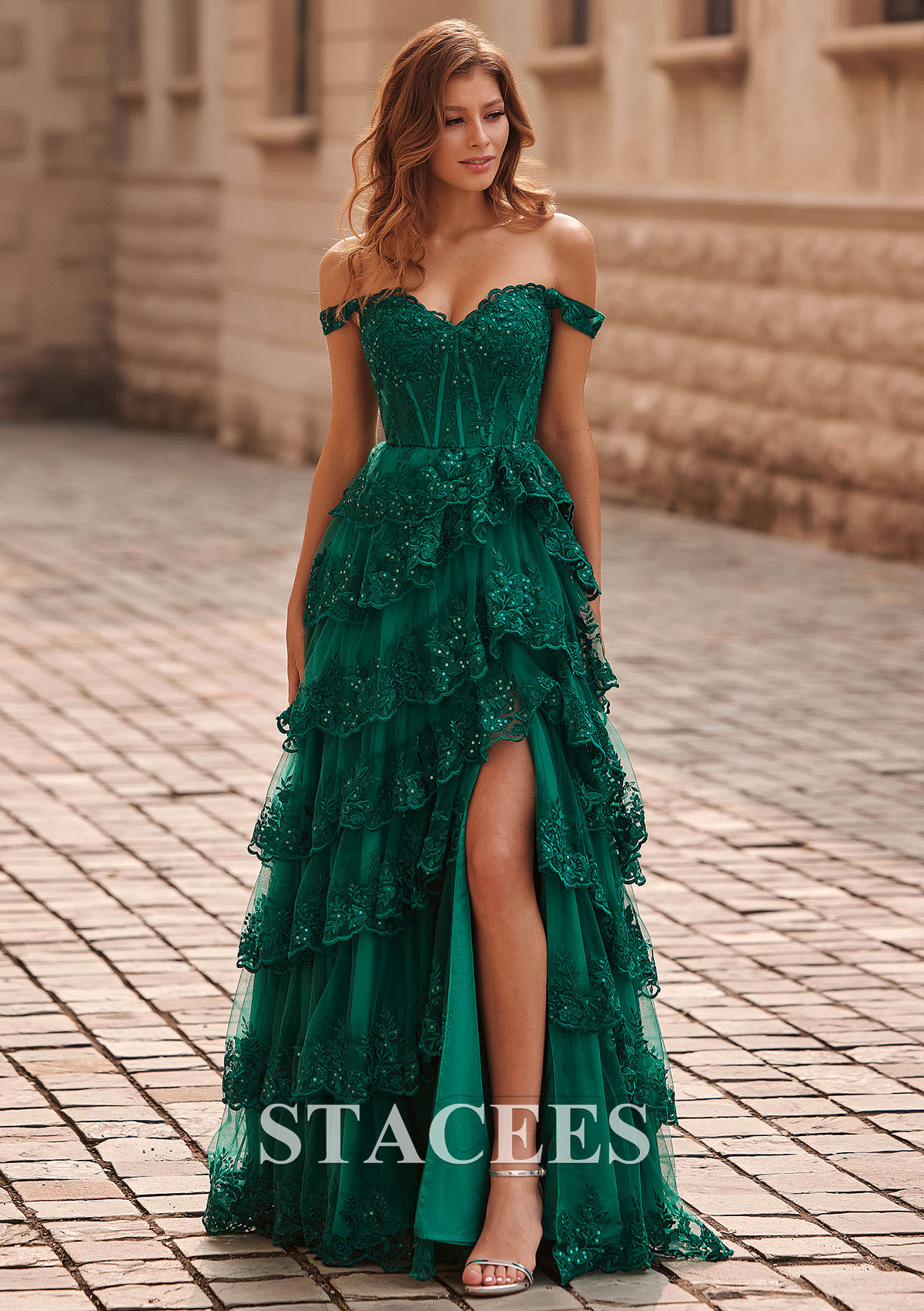 Dark Green Dreamy A-line Off-The-Shoulder Tiered Ruffles Corset Slit Prom Dress with Sequined Lace - STACEES