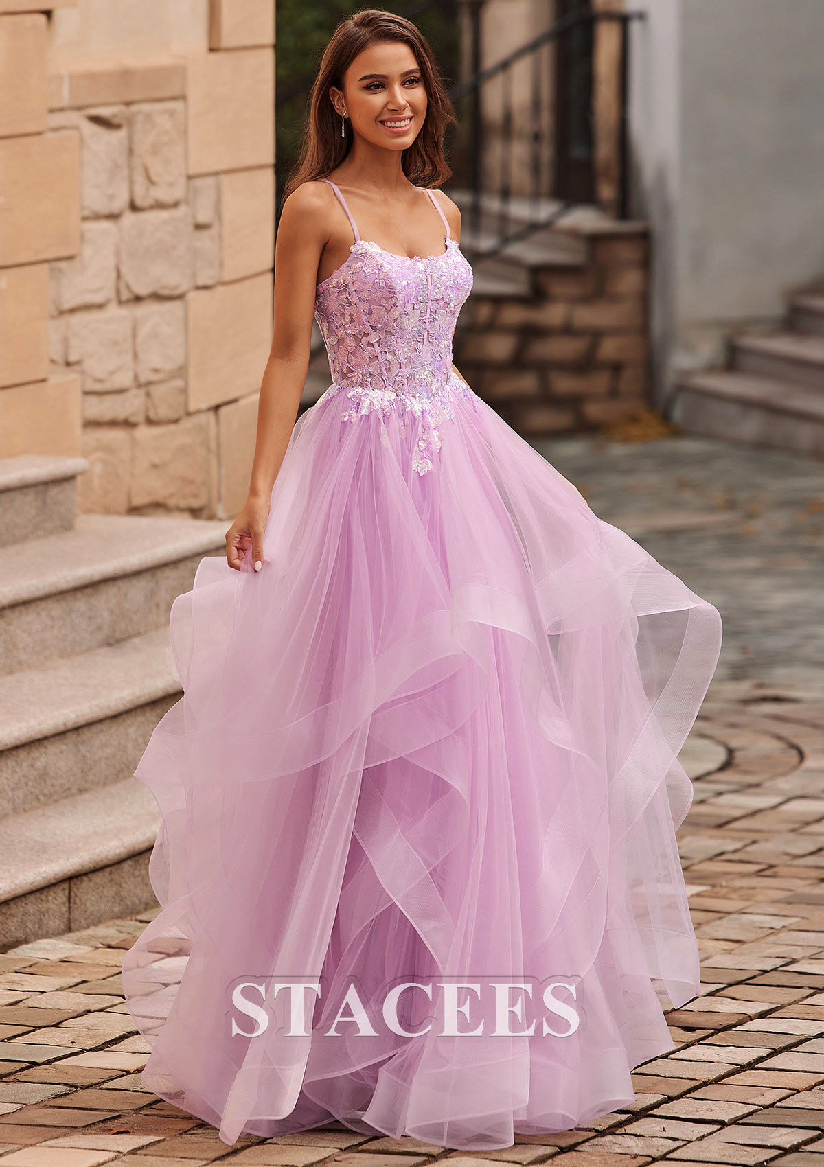 Lilac A-line Scoop Neck Tulle Floor-Length Prom Dress with Appliqued Ruffles Sequins
